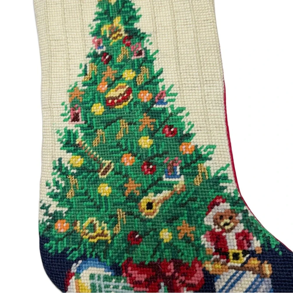 Lillian Vernon Needlepoint Christmas Stocking 20in Tree Bear Nutcracker Velvet